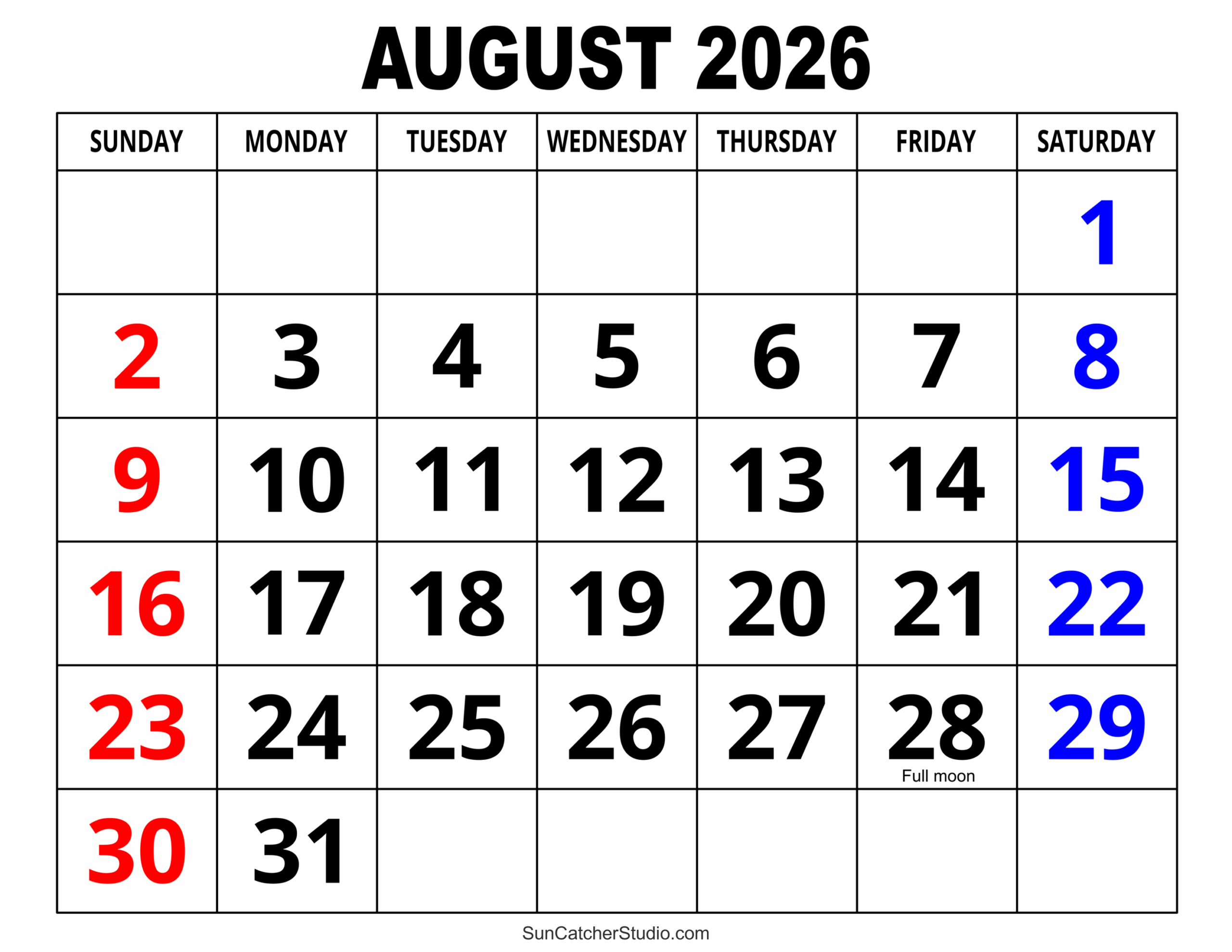 Blank Large August 2026 Printable
