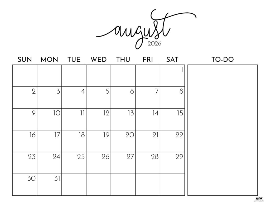 Printable Blank Calendar 2026 August