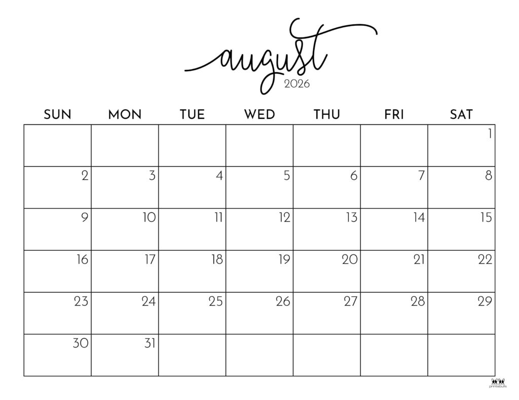 Blank Printable August Calendar 2026