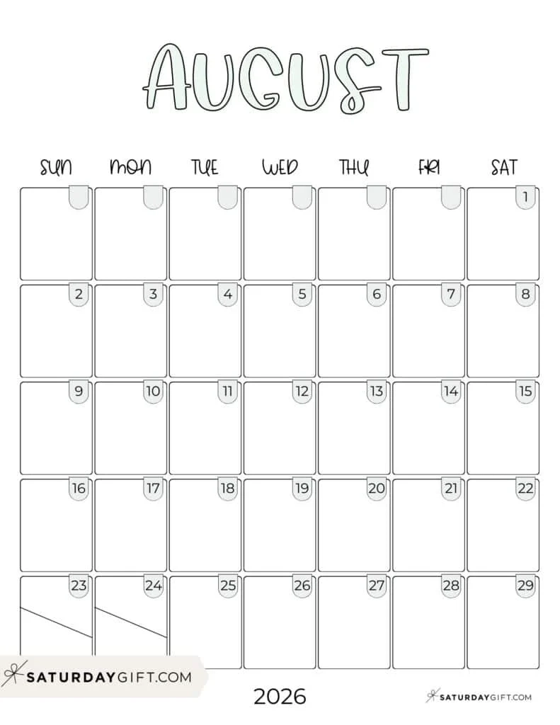 August 2026 Blank Calendarp Printable