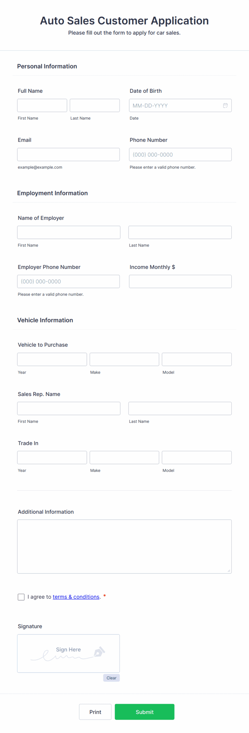 Auto Sales Customer Application Form Template Jotform