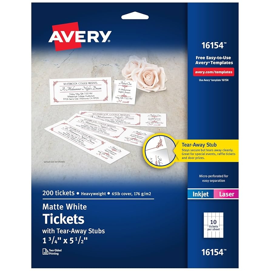 Avery Blank Printable Tickets Tear Away Stubs Perforated Raffle 