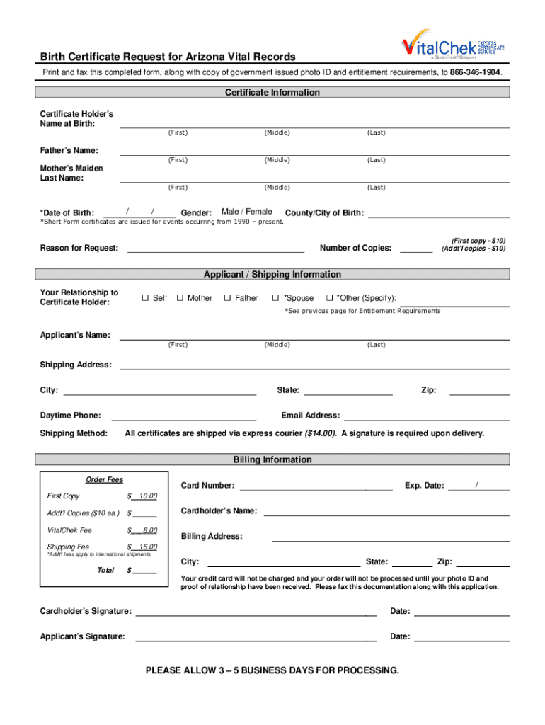 AZ Vital Records Birth Certificate Request Form Fill Online 