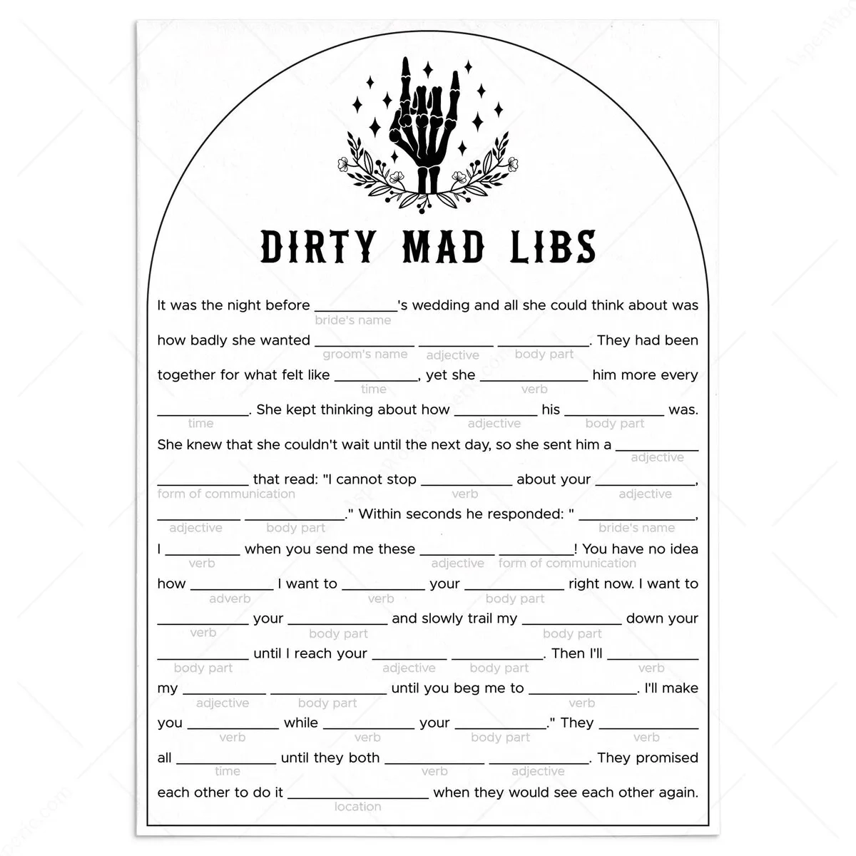 Bachelorette Party Dirty Mad Libs Game Printable Bride Or Die