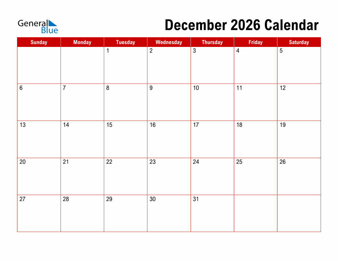 Blank Printable Calendar 2026 December