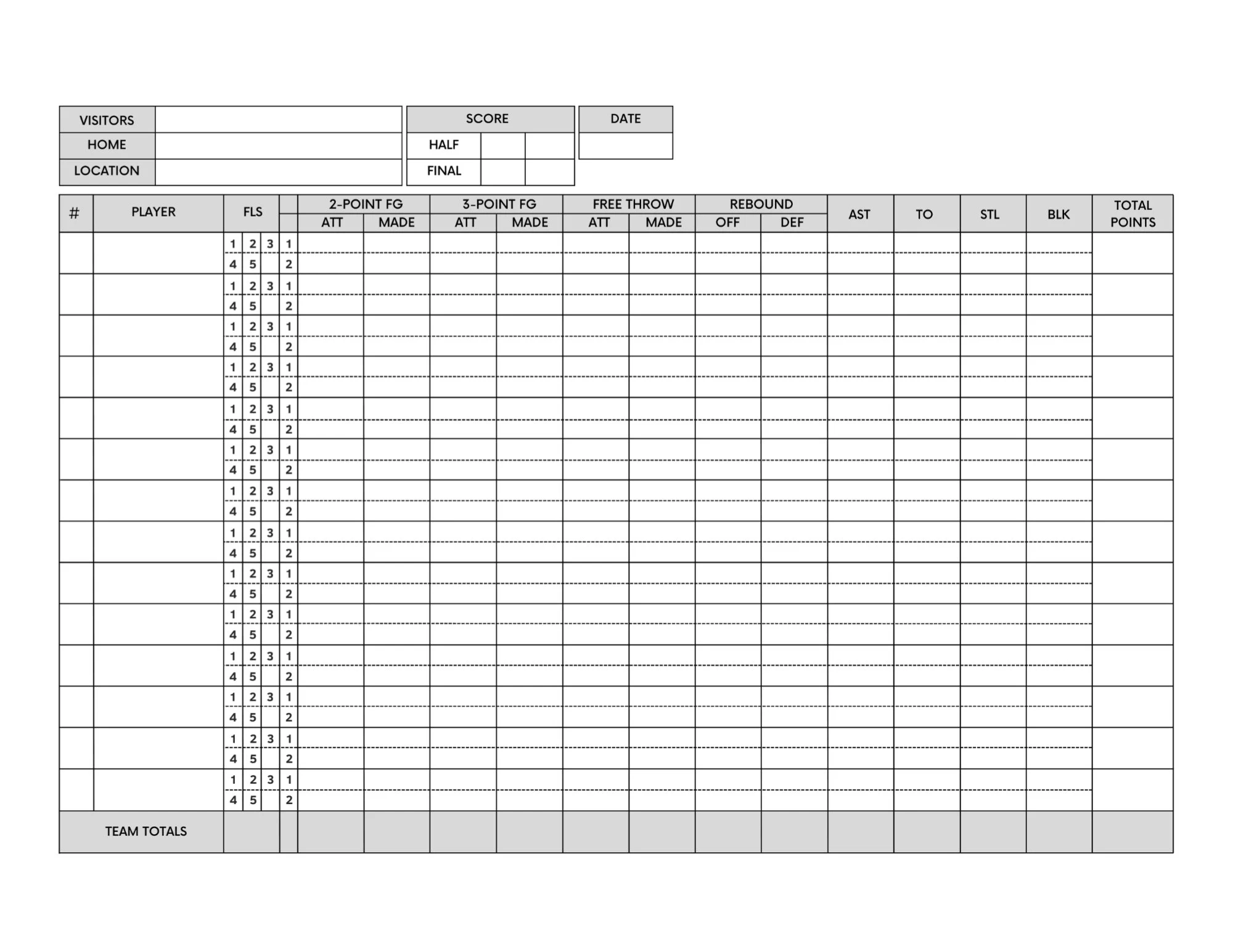 Basketball Blank Stat Sheet Printable