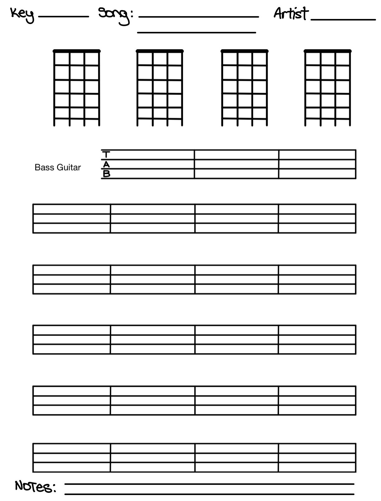 Blank Bass Guitar Tablature Printable