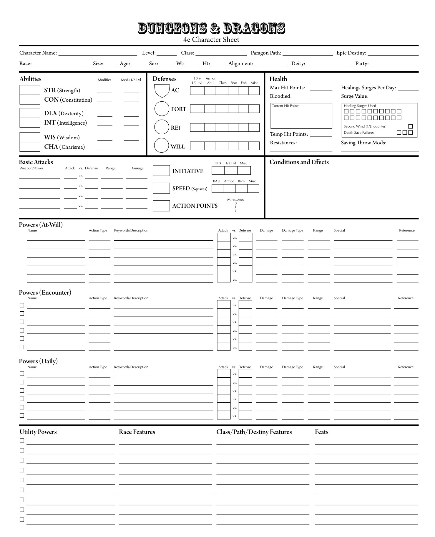 Printable Blank 4ed Character Sheet