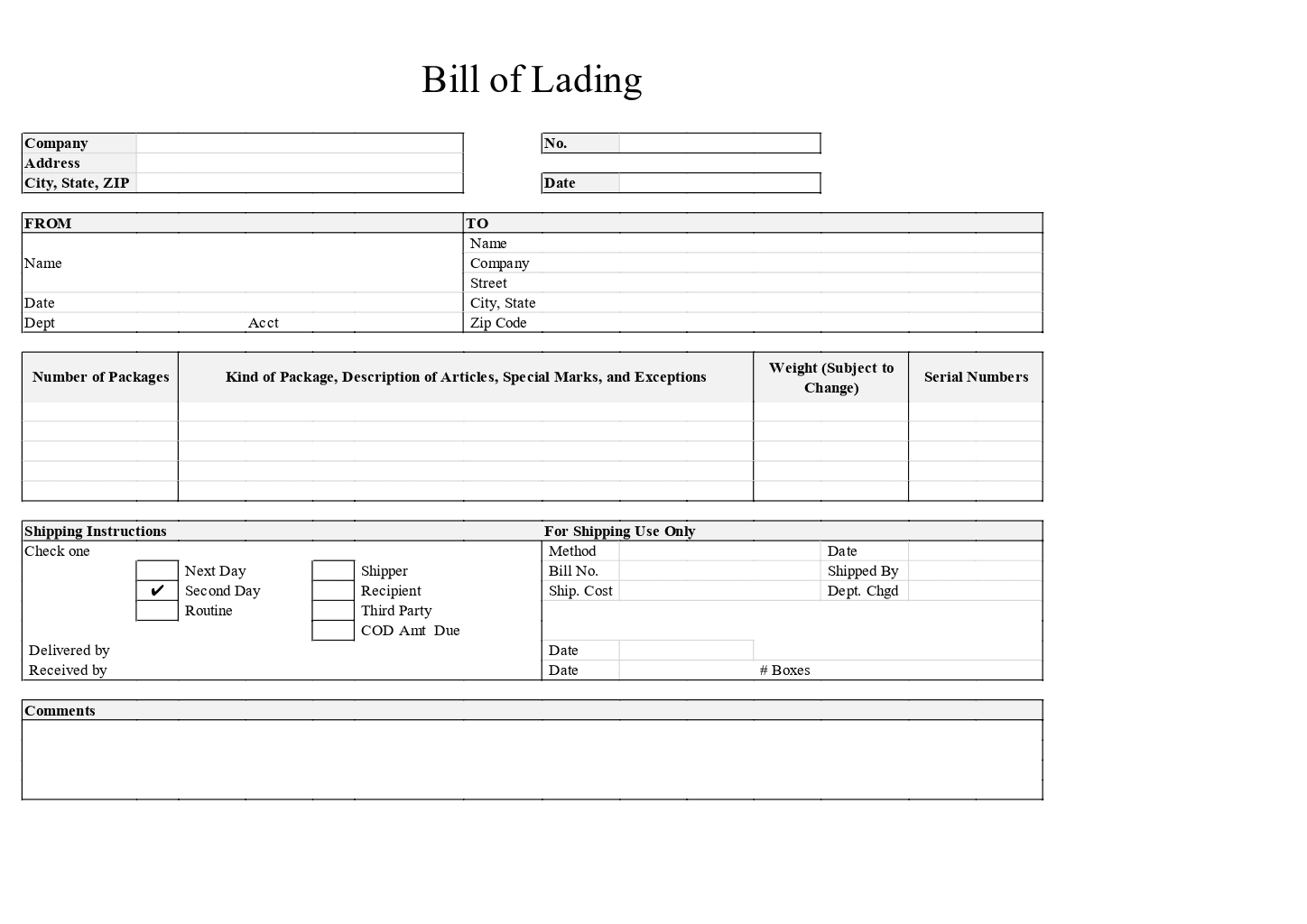 Printable Blank Bill Of Lading
