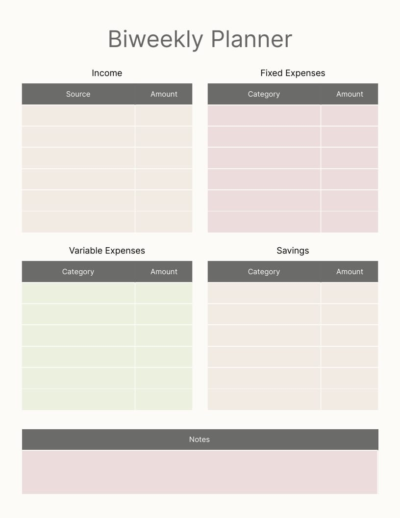 Blank Bi-Weekly Budget Template Printable