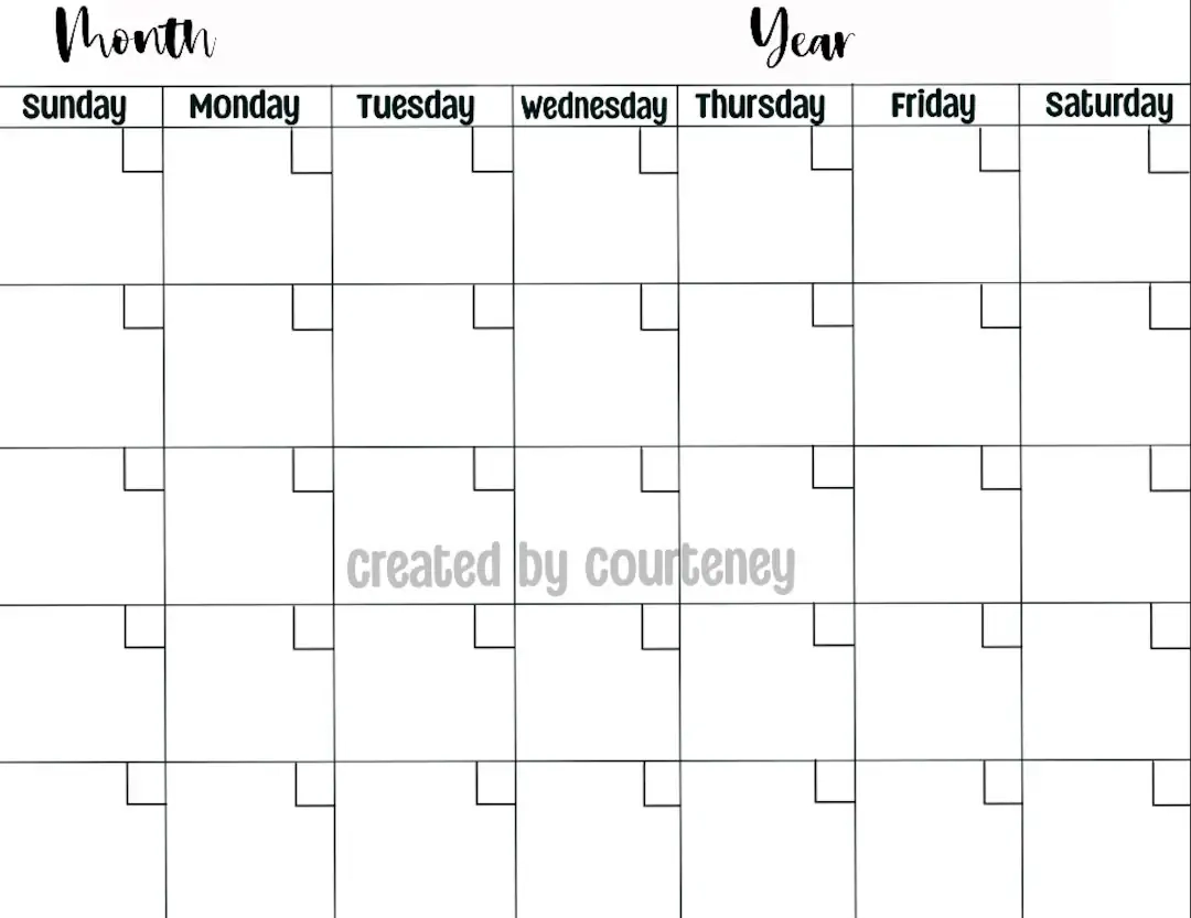 Blank Calendar Template Etsy