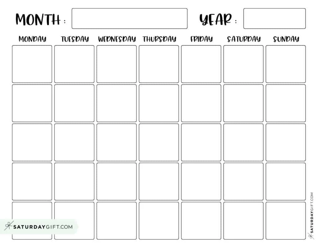 Blank Calendar Templates 29 Cute amp Free Printables SaturdayGift
