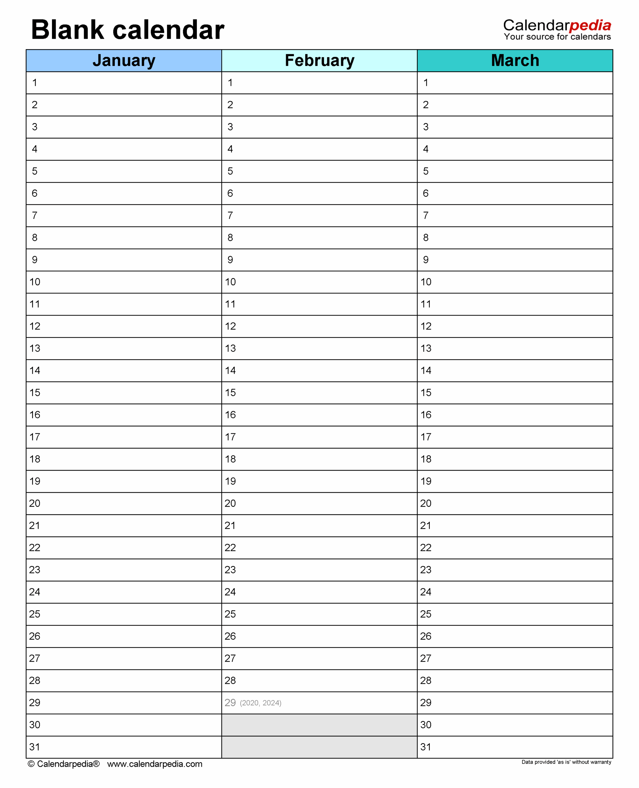 Printable Half Page Calendar Blank