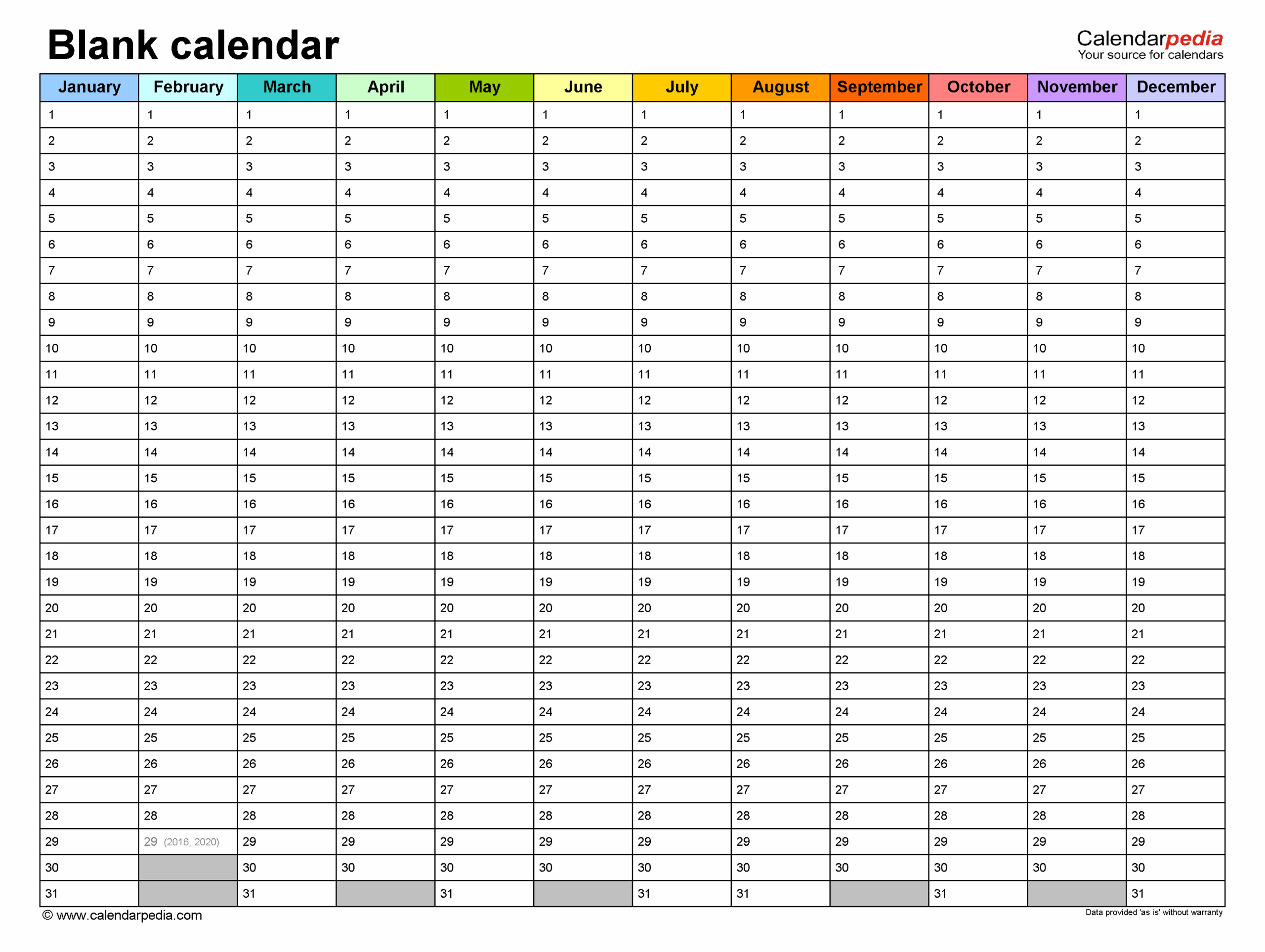 Printable Blank Yearly Calendar
