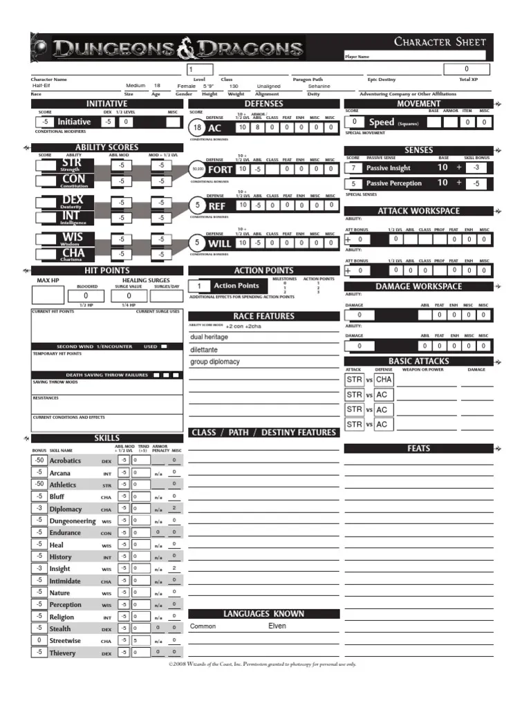 Blank Character Sheet DND 4E 2 0 PDF Role Playing Games 