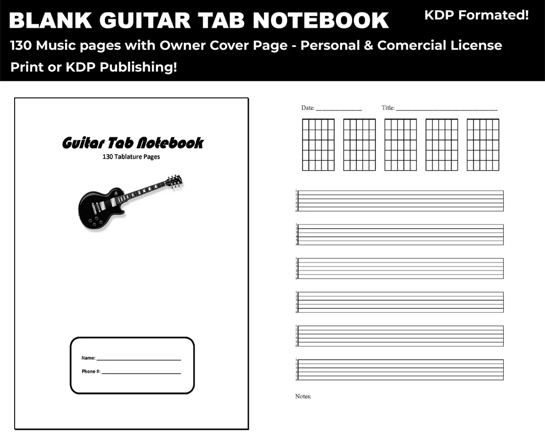 Blank Guitar Tab Notebook Journal Printable PDF KDP Template Blanko Noten F r Gitarre 130 Seiten 8 5x11 Etsy de