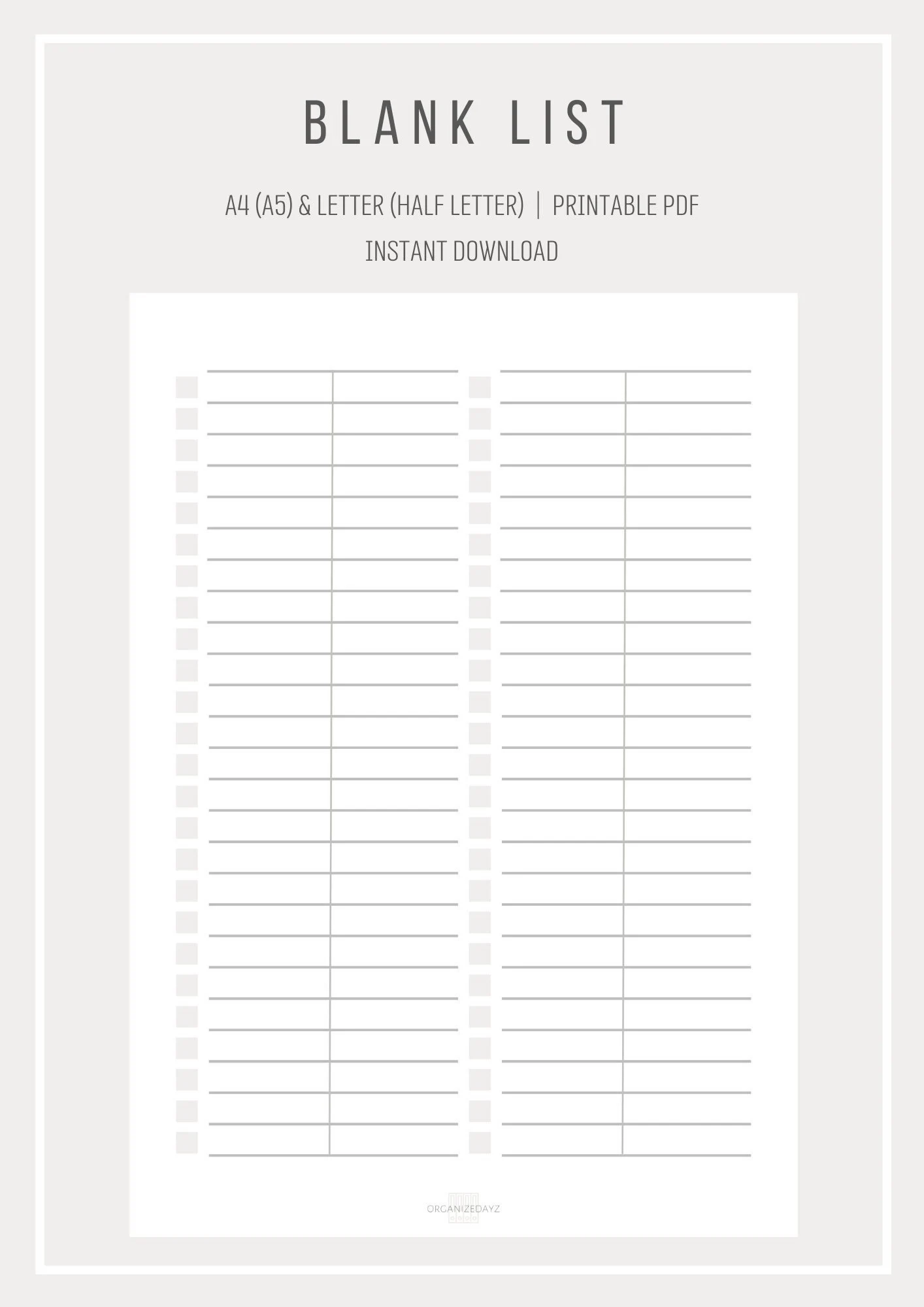 Blank List Simple List Template Printable List Digital List 