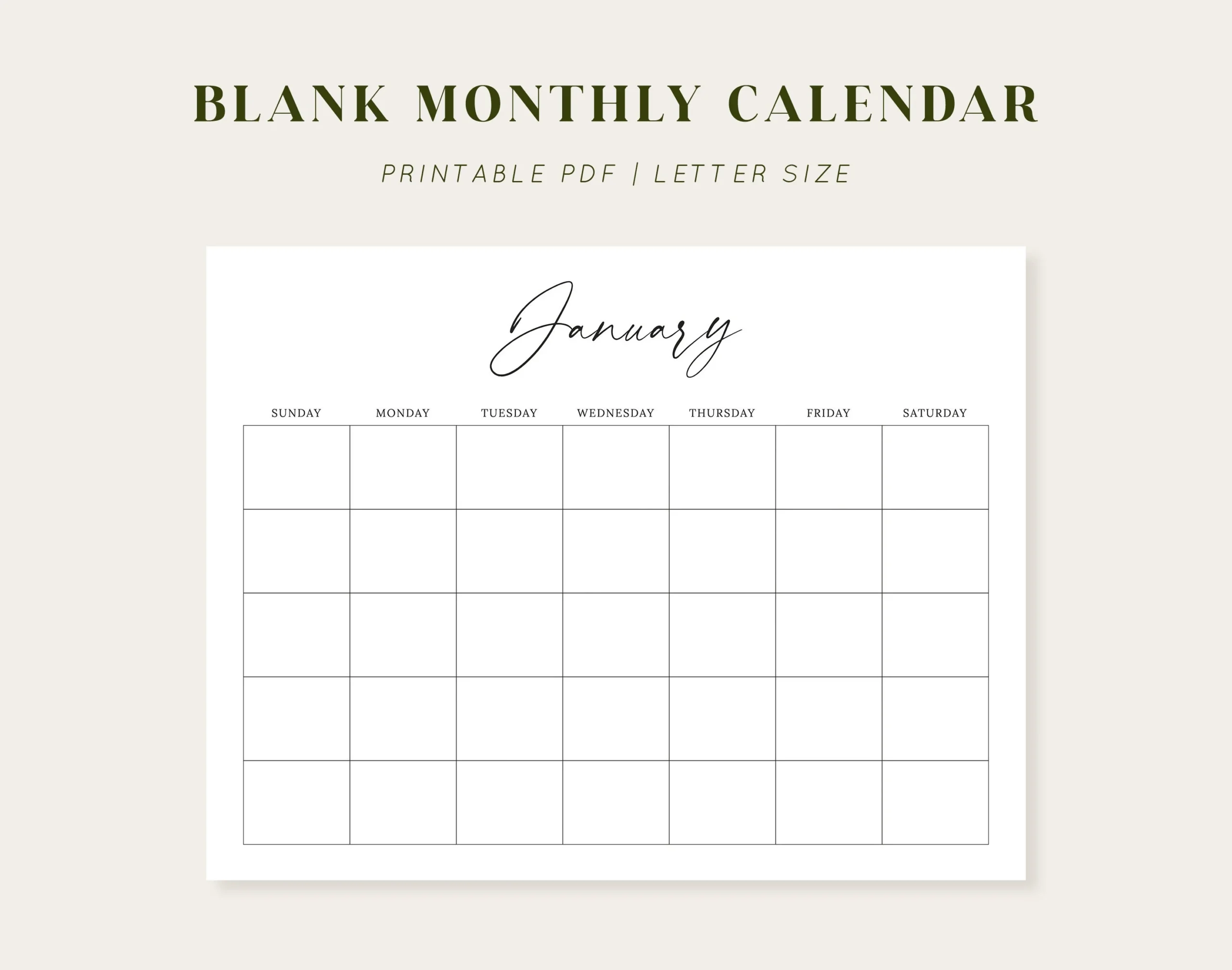 Blank Monthly Calendar Printable Calendar 8 5x11 Letter Size 