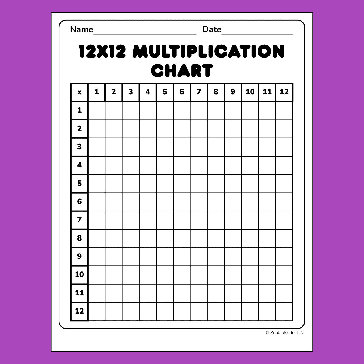 Printable Multiplication Chart 12 Blank