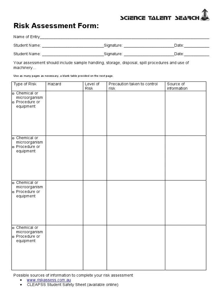 Blank Risk Assessment Form PDF