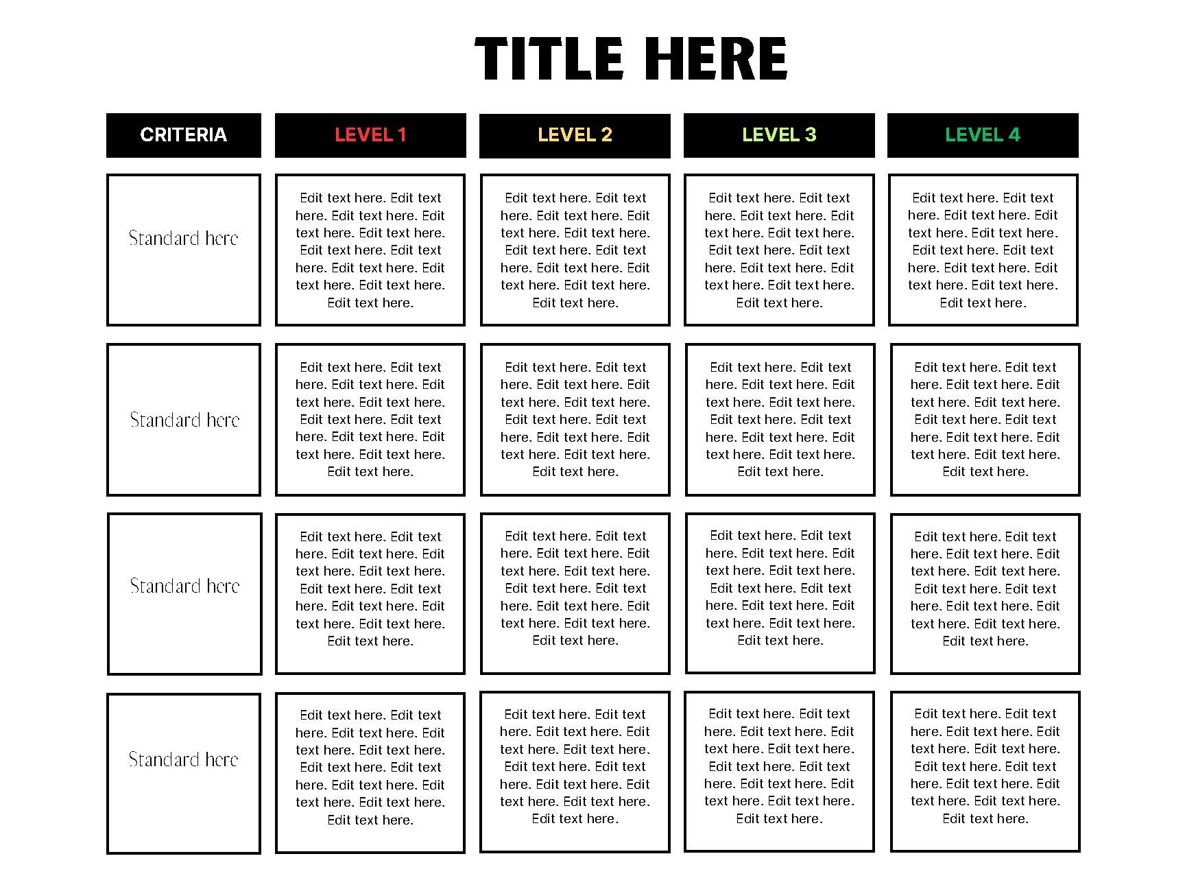 Blank Rubric 1 4 Grading Scale Editable