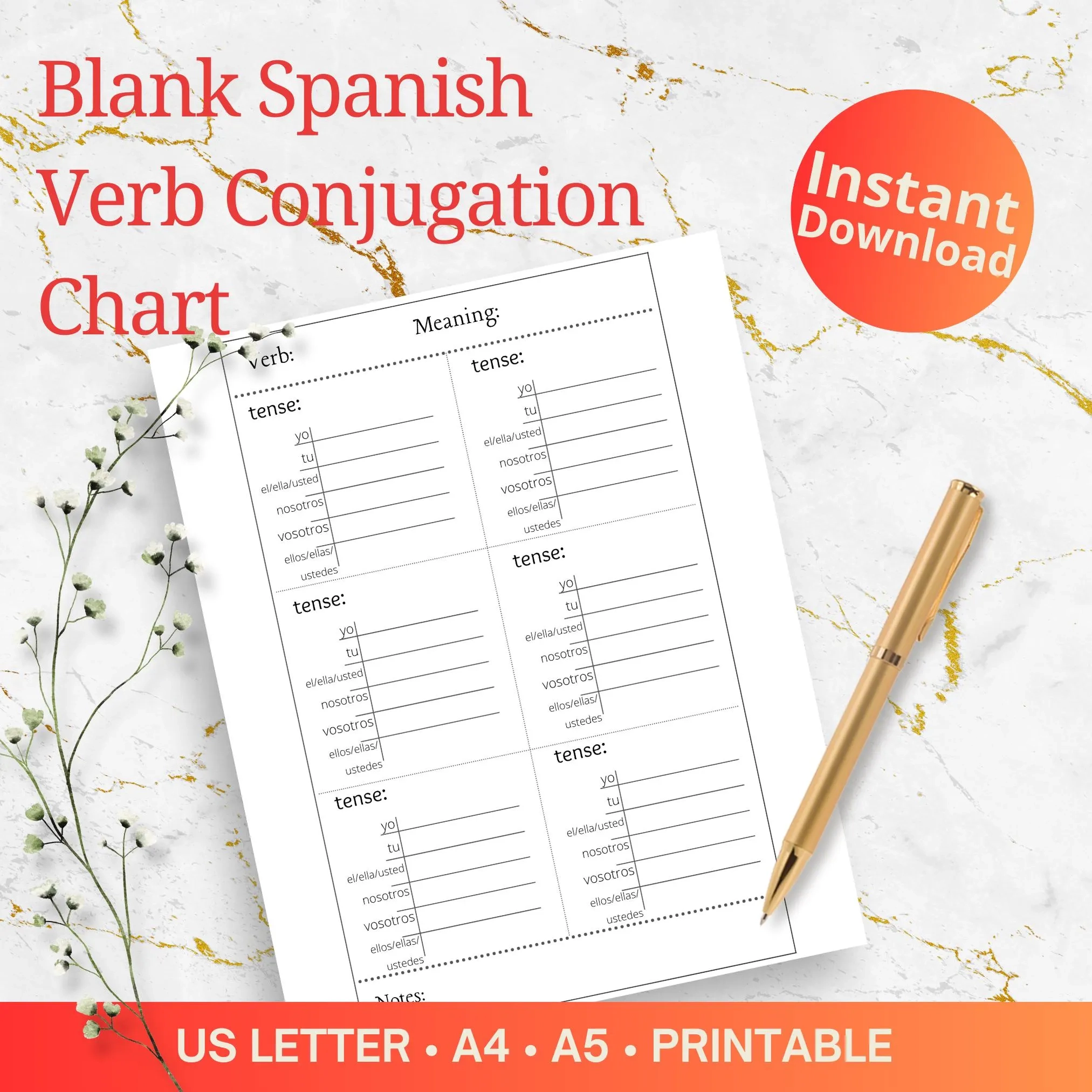 Printable Blank Spanish Verb Charts