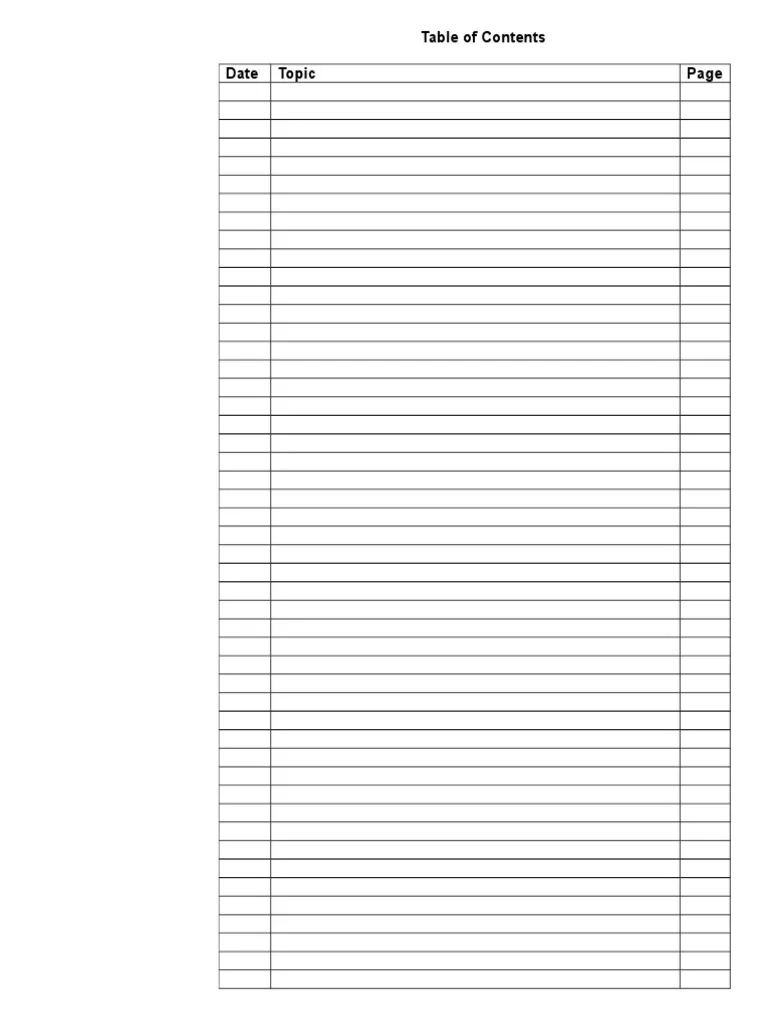 Blank Printable Table Of Contents