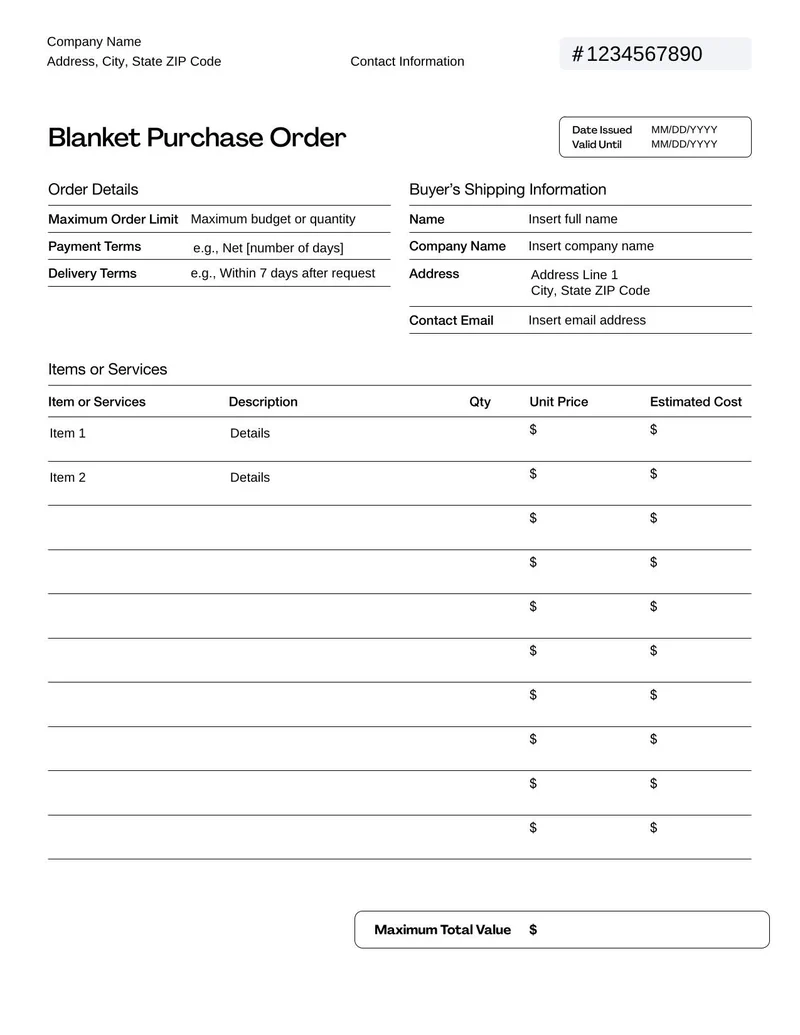 Blanket Purchase Order Template Fill And Sign With Lumin