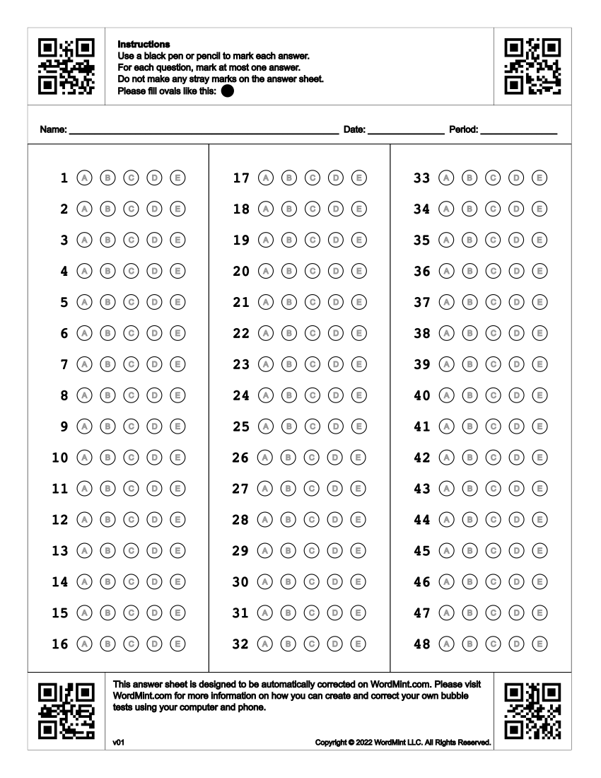 Printable Bubble Blank Answer Key