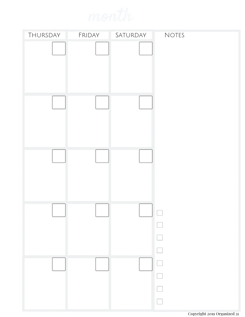 Bullet Journal Blank Calendar Printable