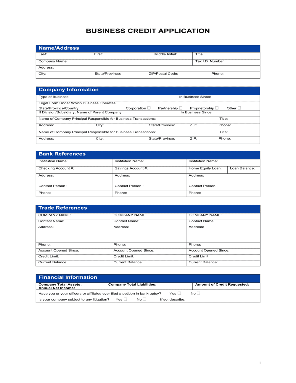 Printable Blank Business Credit Application