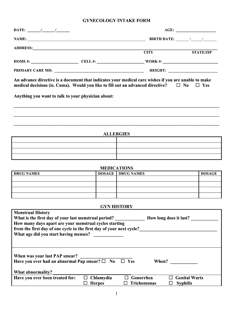 CA Gynecology Intake Form Fill Online Printable Fillable 