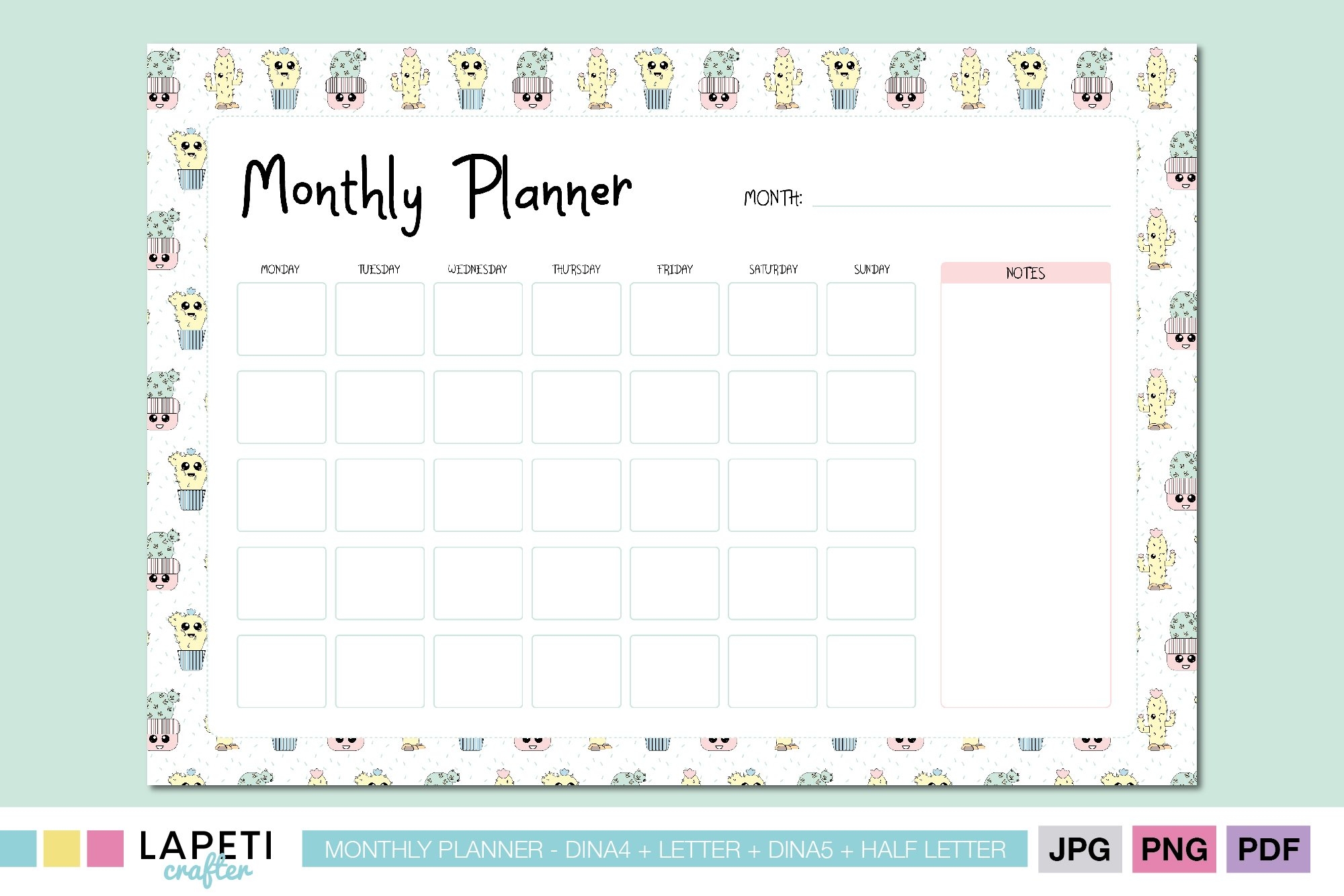 Cactus Monthly Planner Undated Printable Calendar