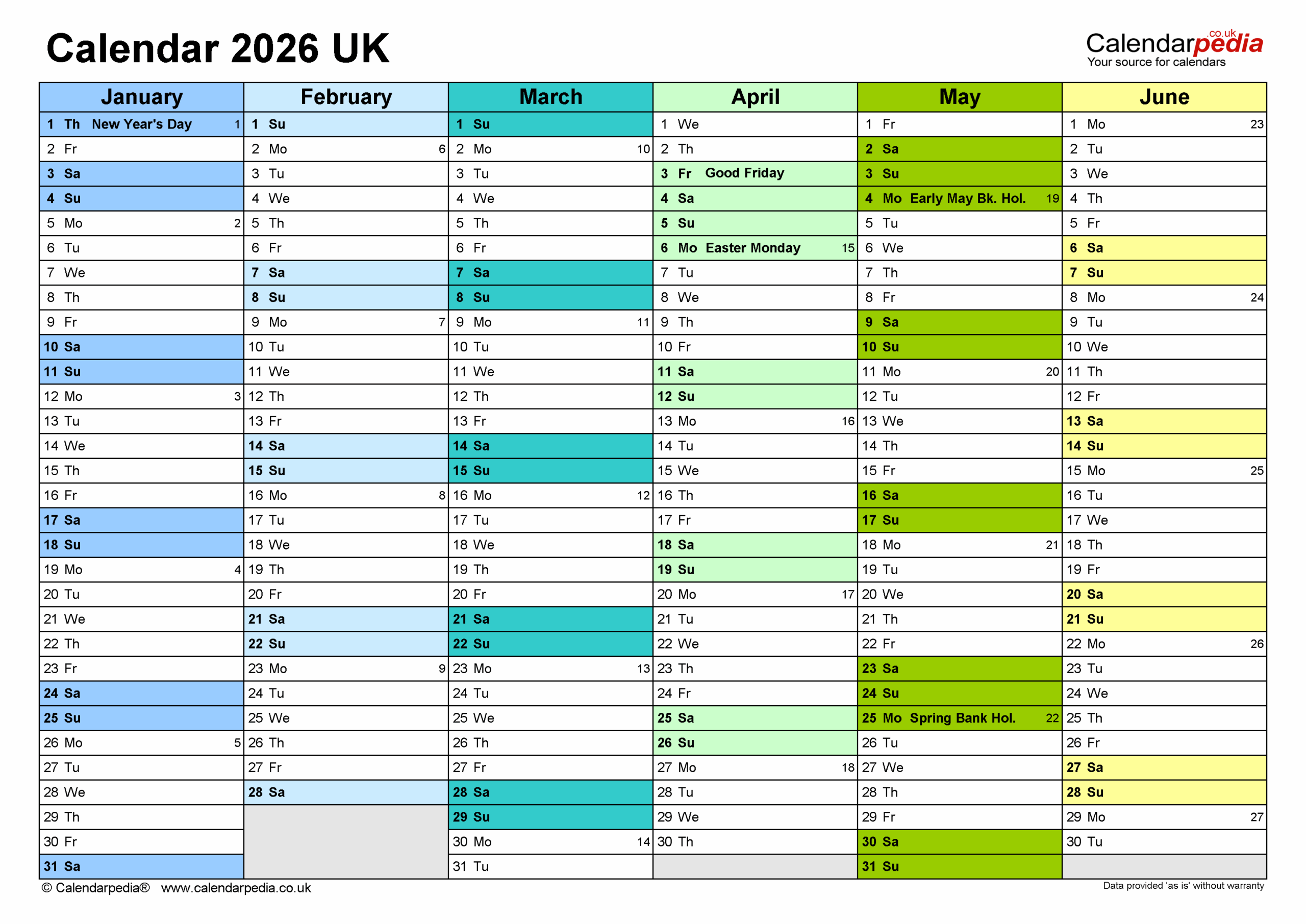 Calendar 2026 UK Free Printable Microsoft Excel Templates