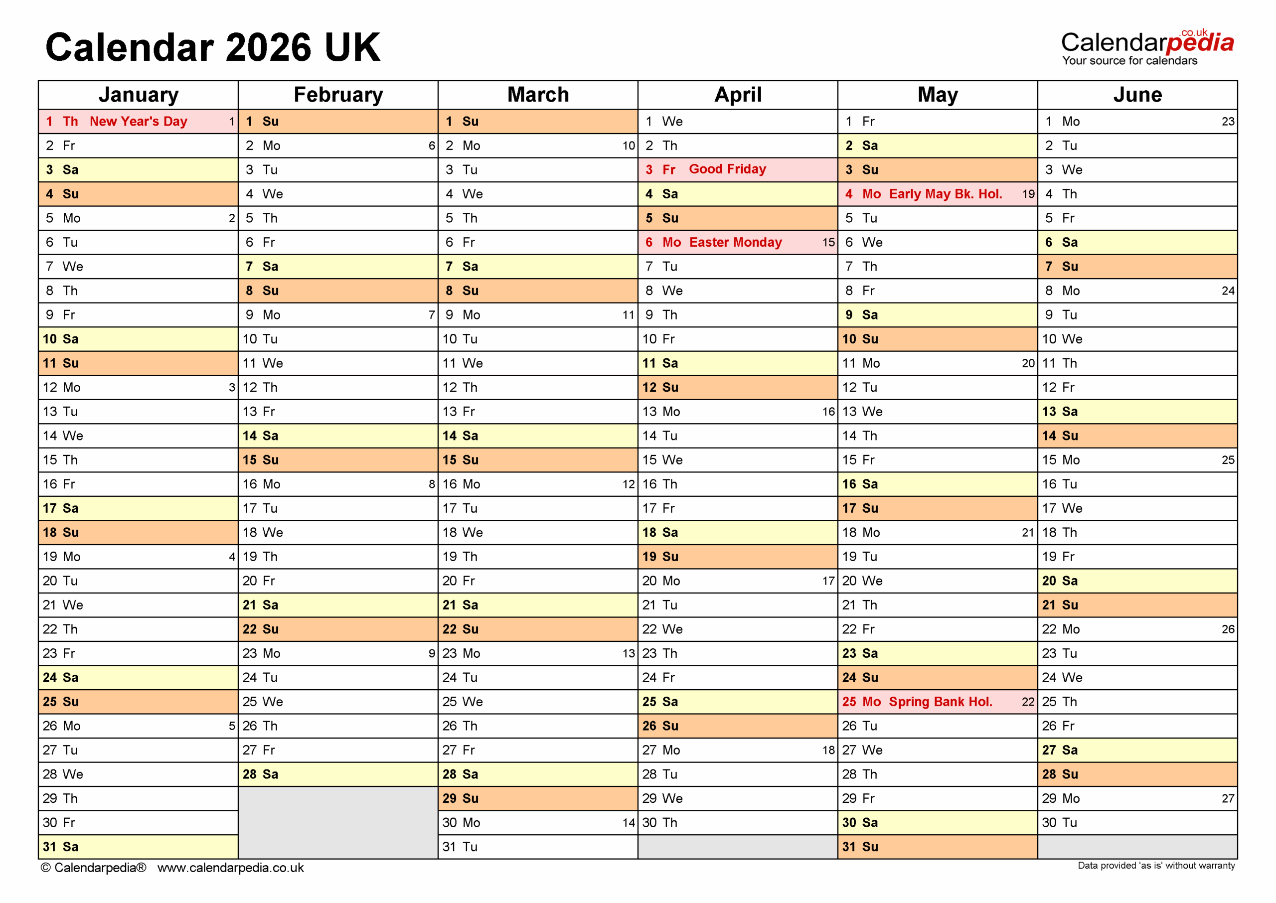 Calendar 2026 UK Free Printable PDF Templates
