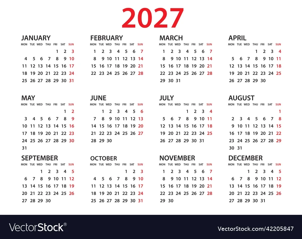 Calendar 2027 Template Planner 20267 Year Vector Image