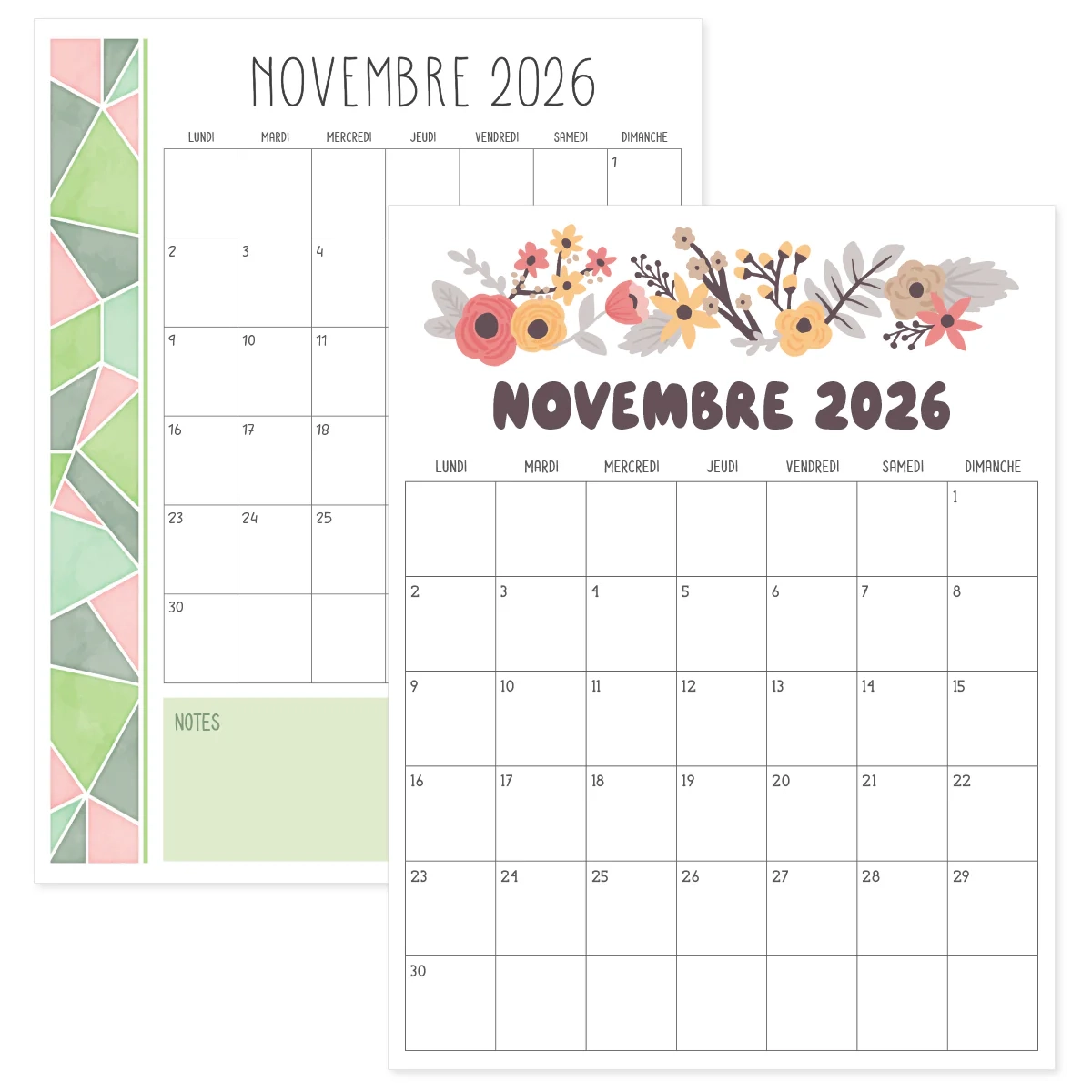 Calendrier Novembre 2026 PDF Imprimer
