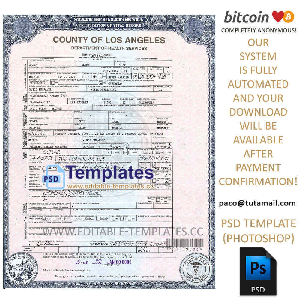California Death Certificate Template Editable Templates