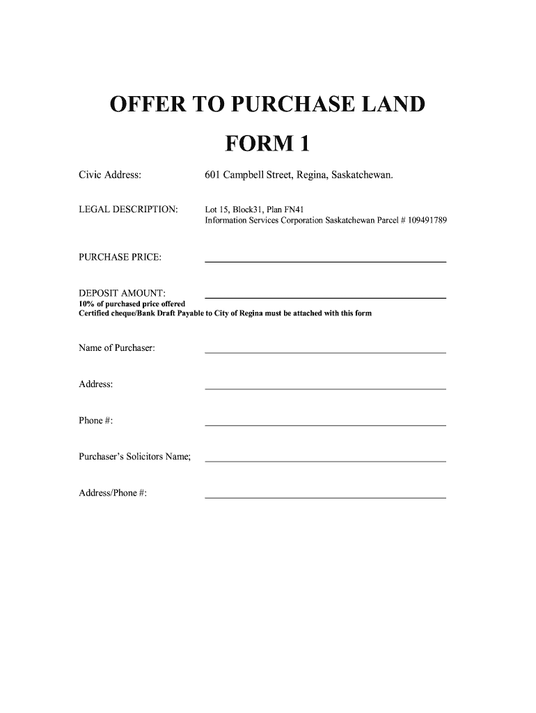 Canada Offer To Purchase Land Form 1 Fill Online Printable 