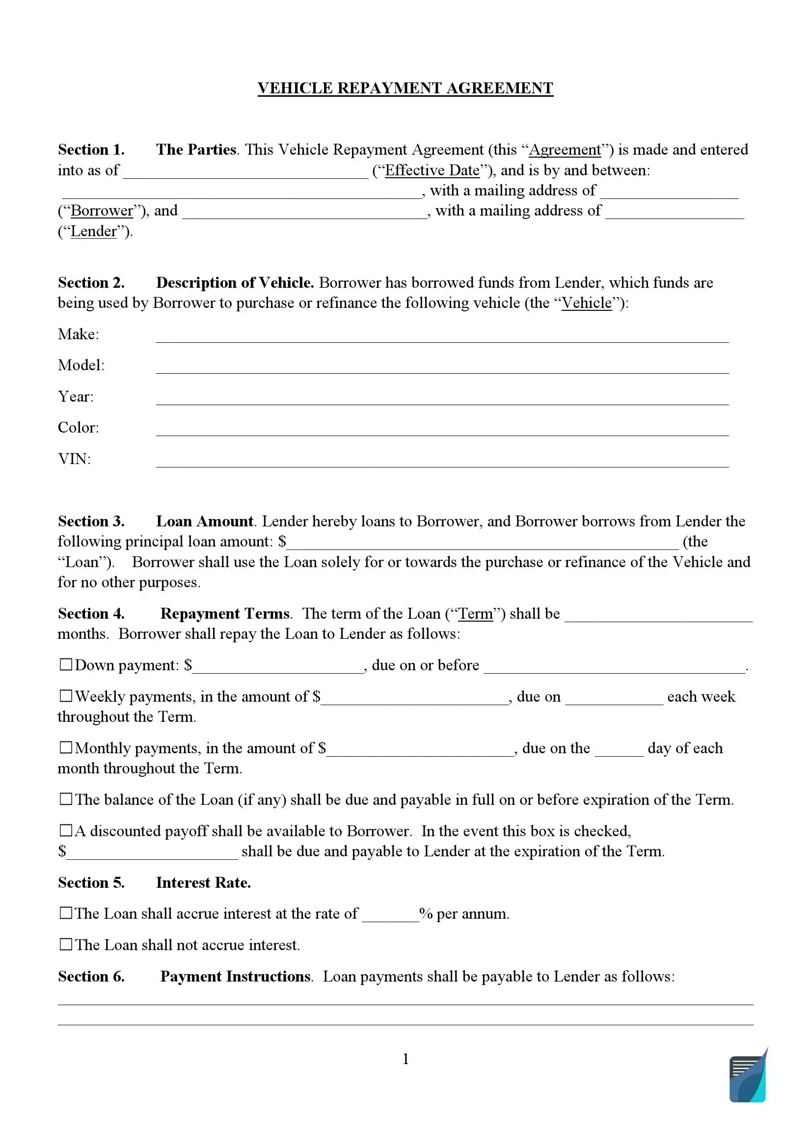 Car Sale Contract With Payments Vehicle Loan Agreement