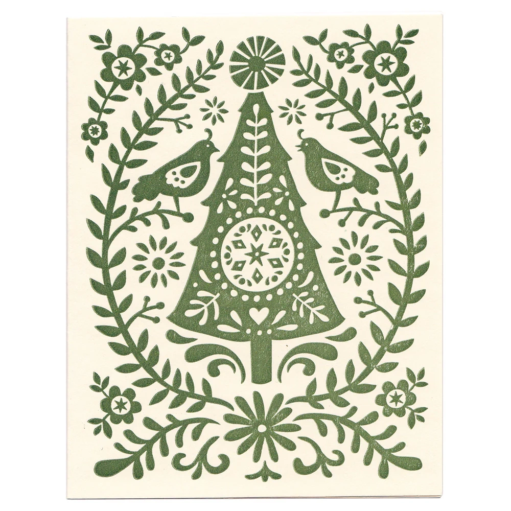 Christmas Tree Block Print Letterpress Holiday Greeting Card 
