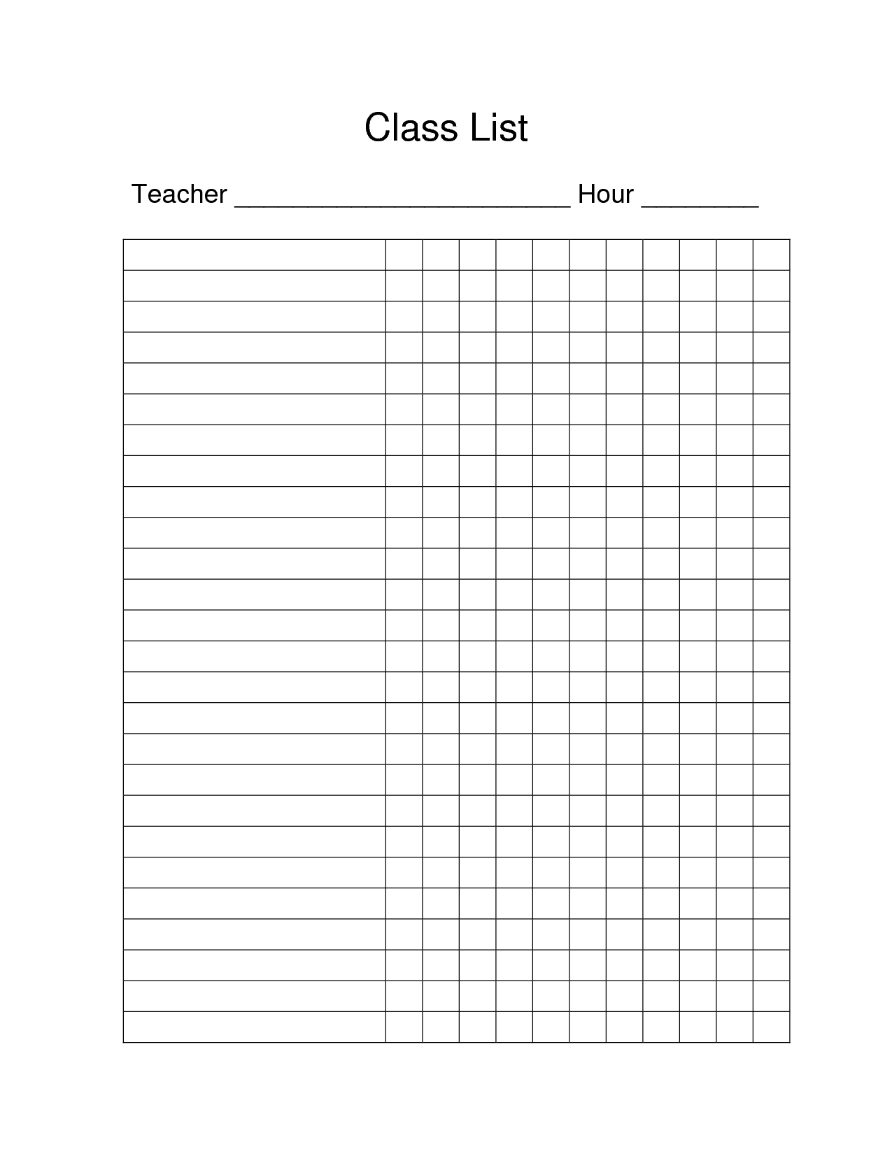 Blank Class Roster Printable