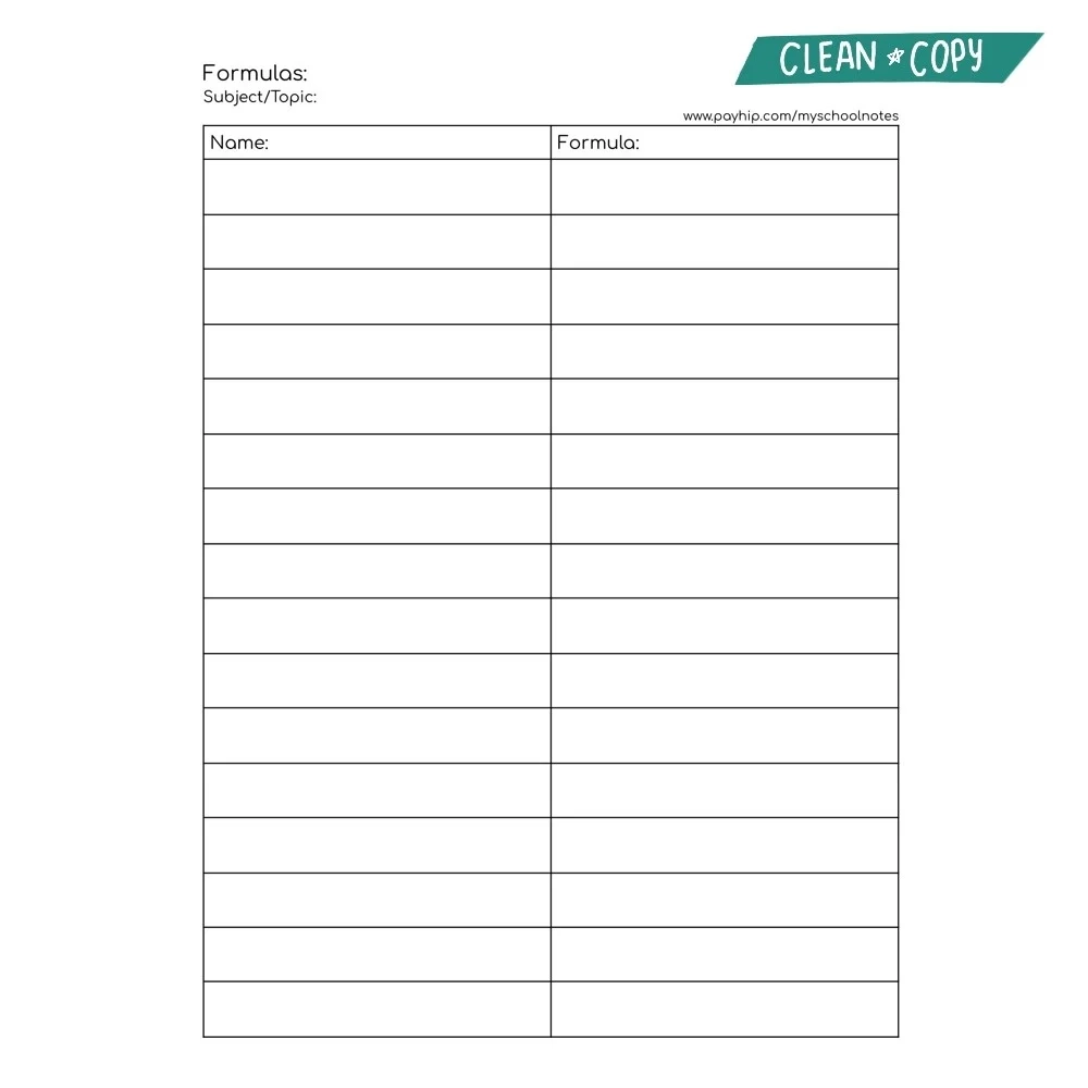 Blank Printable Formula Sheet