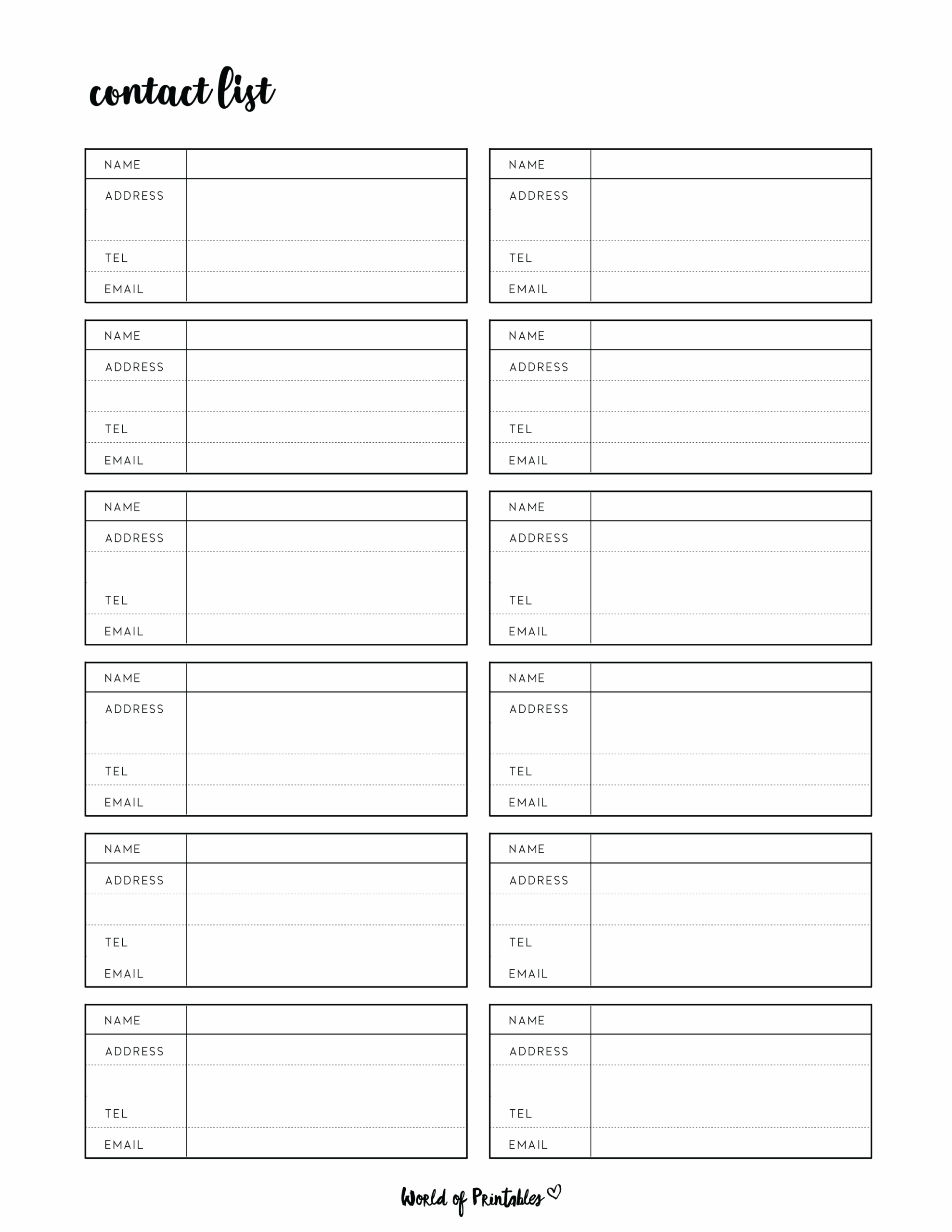 Free Printable Blank Phone List