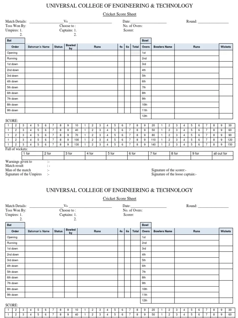 Cricket Score Sheet PDF Cricket Bowling Cricket 
