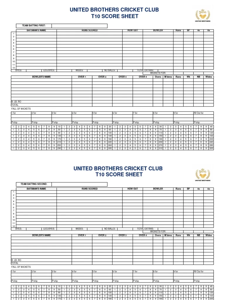 T10 Scorecard Blank Sheet Printable