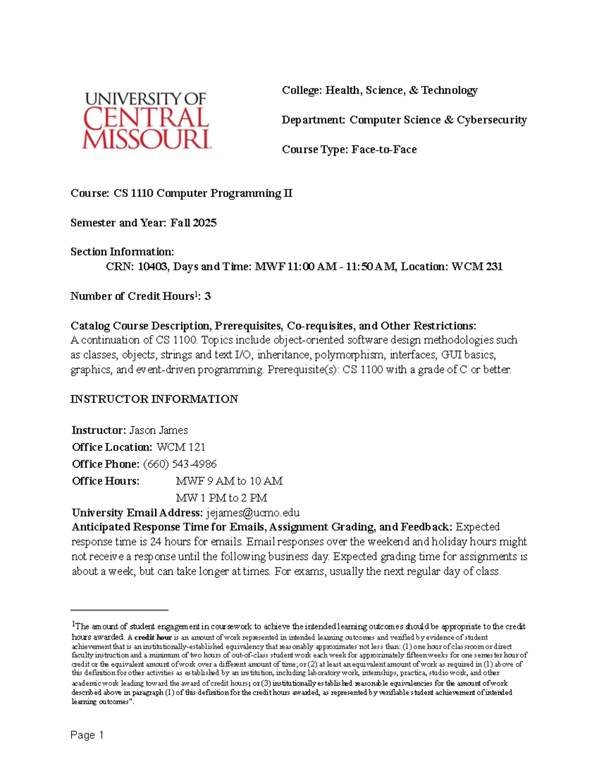 CS 1110 Syllabus Computer Programming II Fall 2025 Overview 