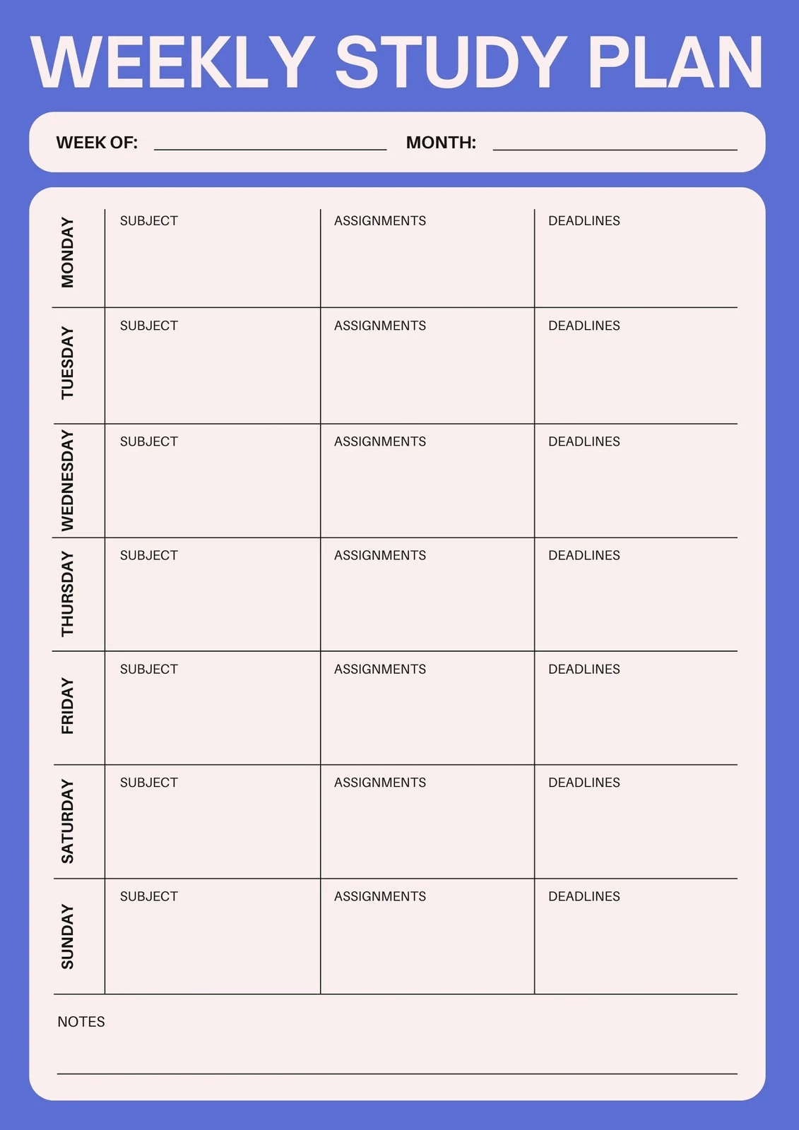 Printable College Student Blank Schedule