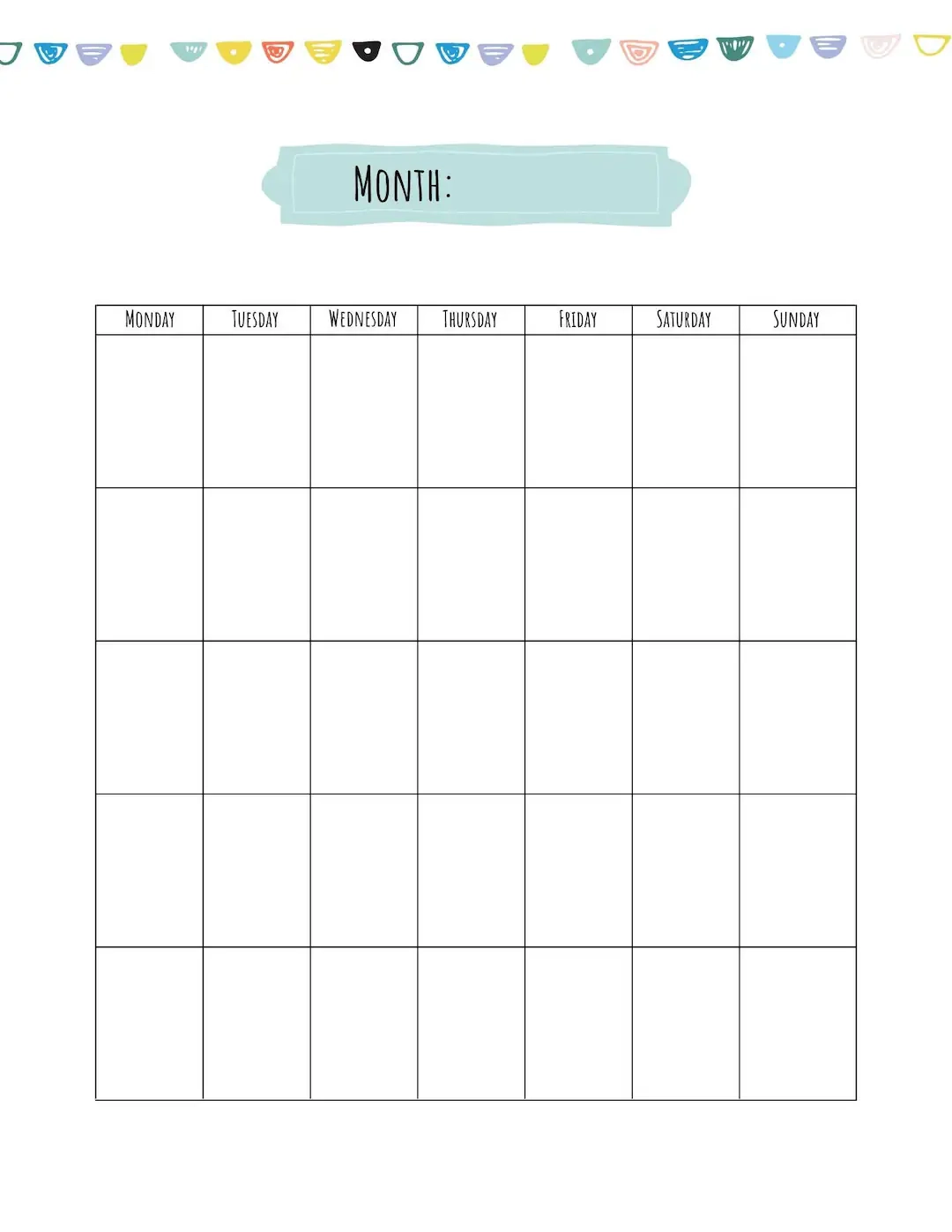 Blank Monthly Calendar Printable Cute