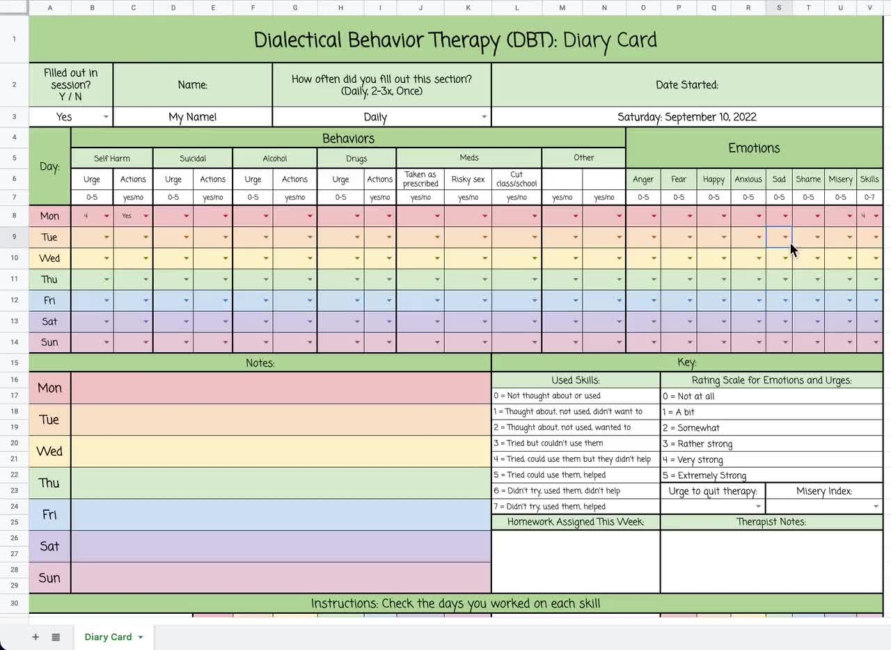 DBT Adolescent Diary Card Template Google Sheets 